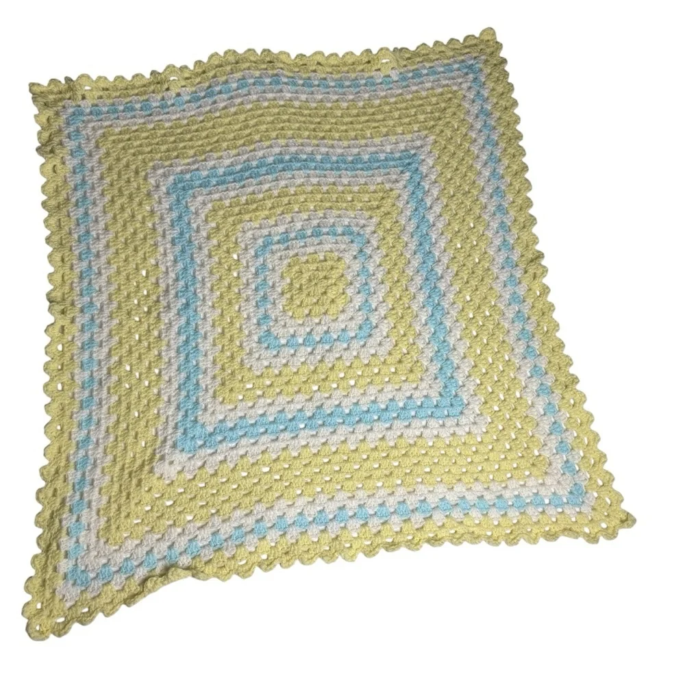 Hand Made Blue Yellow Square Afghan Baby Blanket Crochet Throw Home Decor 33x33”